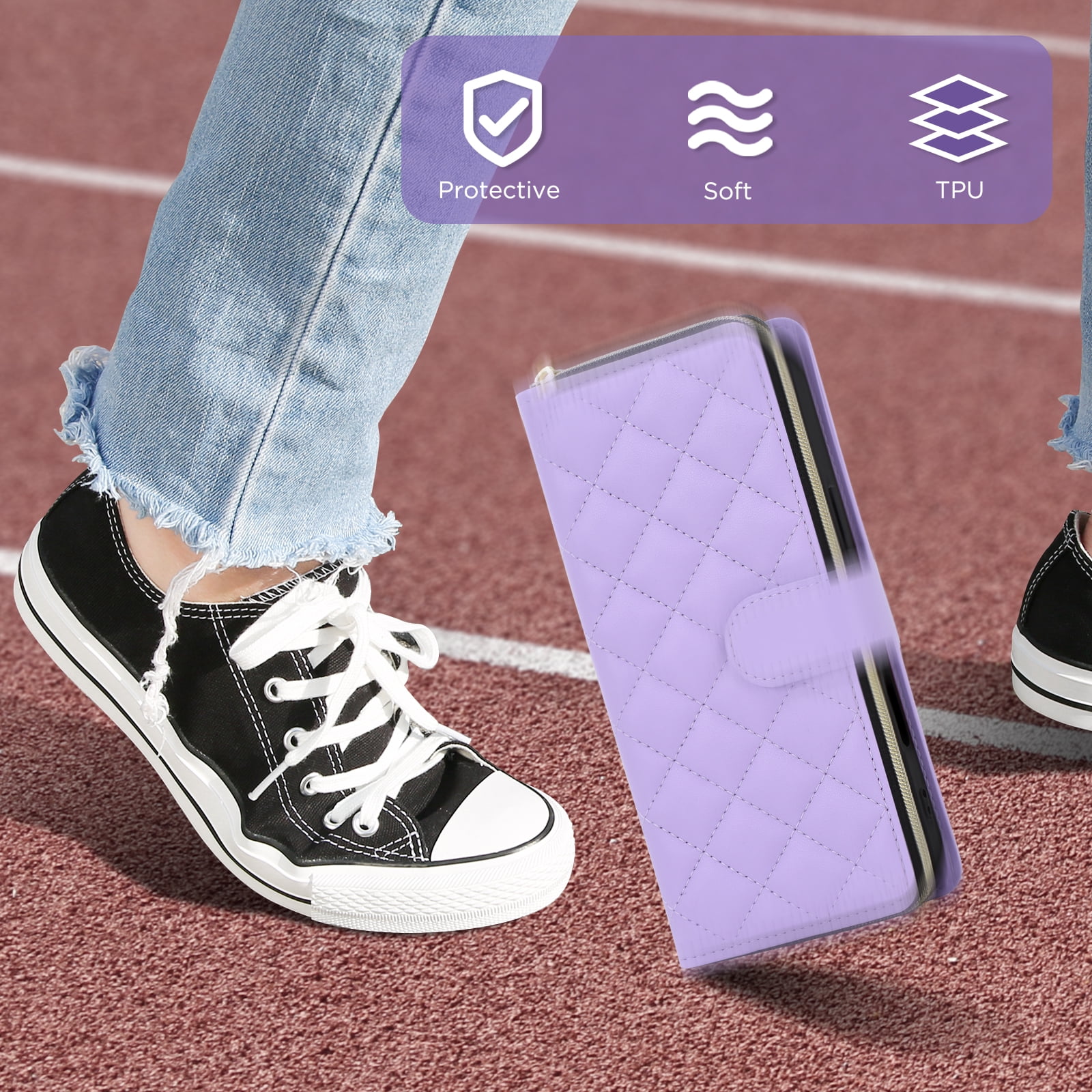 for iPhone 13 Pro Wallet Case, Multi-Functional Zipper Purse Case, with Flip Stand Card Holder PU Leather Phone Cover with Lanyard & Wrist Strap for iPhone 13 Pro, Purple