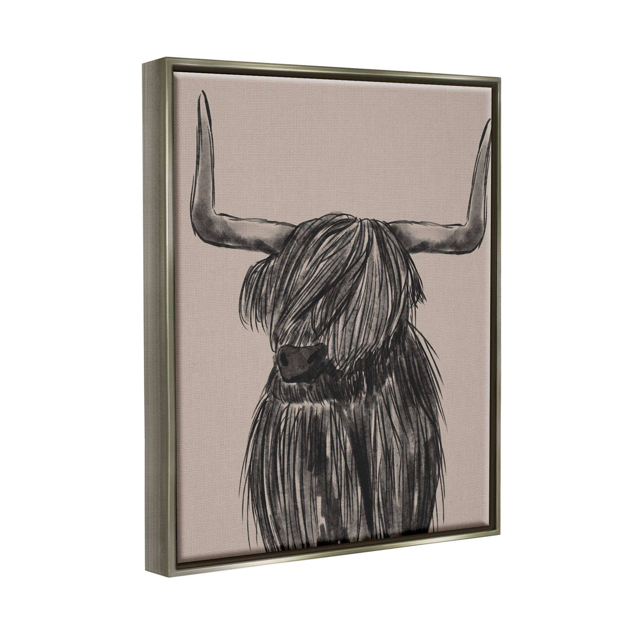 Stupell Industries Longhorn Highland Cattle Charcoal Line Drawing Portrait Drawing Print Luster Gray Floating Framed Canvas Print Wall Art, Design by Lisa Whitebutton