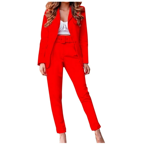 XFLWAM Women's Double Breasted 2 Piece Office Business Blazer Pant Suit Set for Work Red S