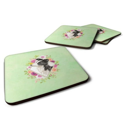 

3.5 x 3.5 in. Border Collie Green Flowers Foam Coaster - Set of 4