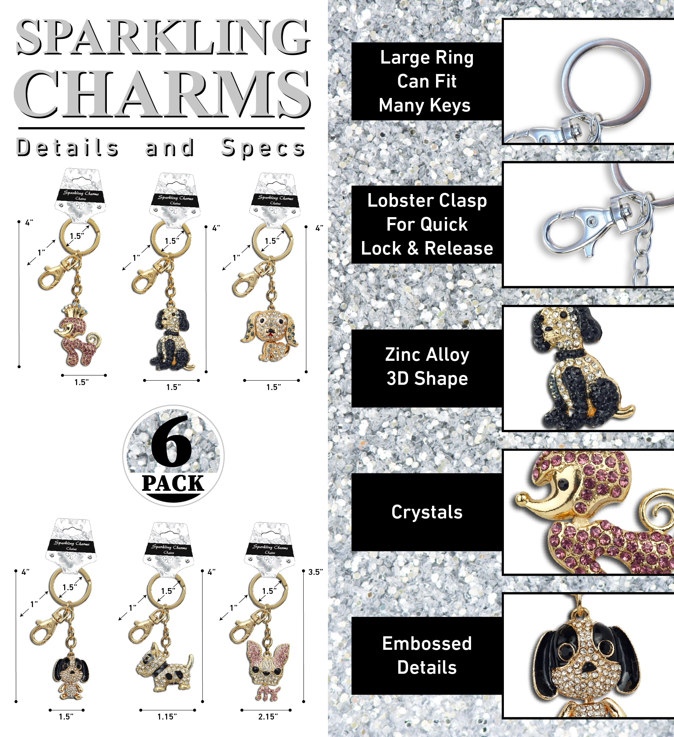 Aqua79 Dogs Sparkling Golden Keychains Set of 6 – Poodle, Beagle, Hound, Bull Terrier, Chihuahua Charm Rhinestones, Gold Metal Key Ring – Keychain Accessories with Clasp for Bag, Purse, Backpack