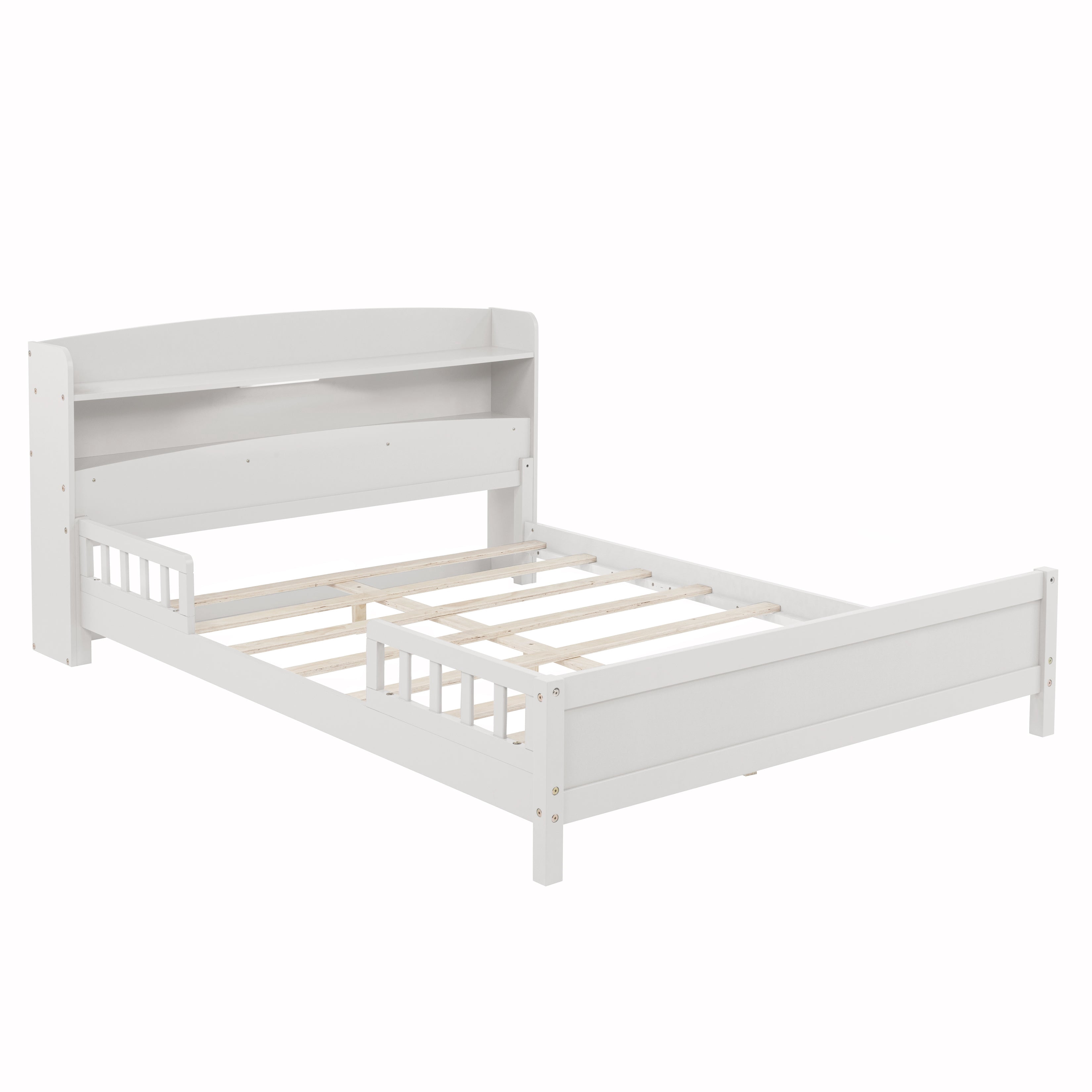 Sailvan Full Pine Wood Bed with Bookcase Headboard, LED Motion Sensor Light & Bed Guardrails