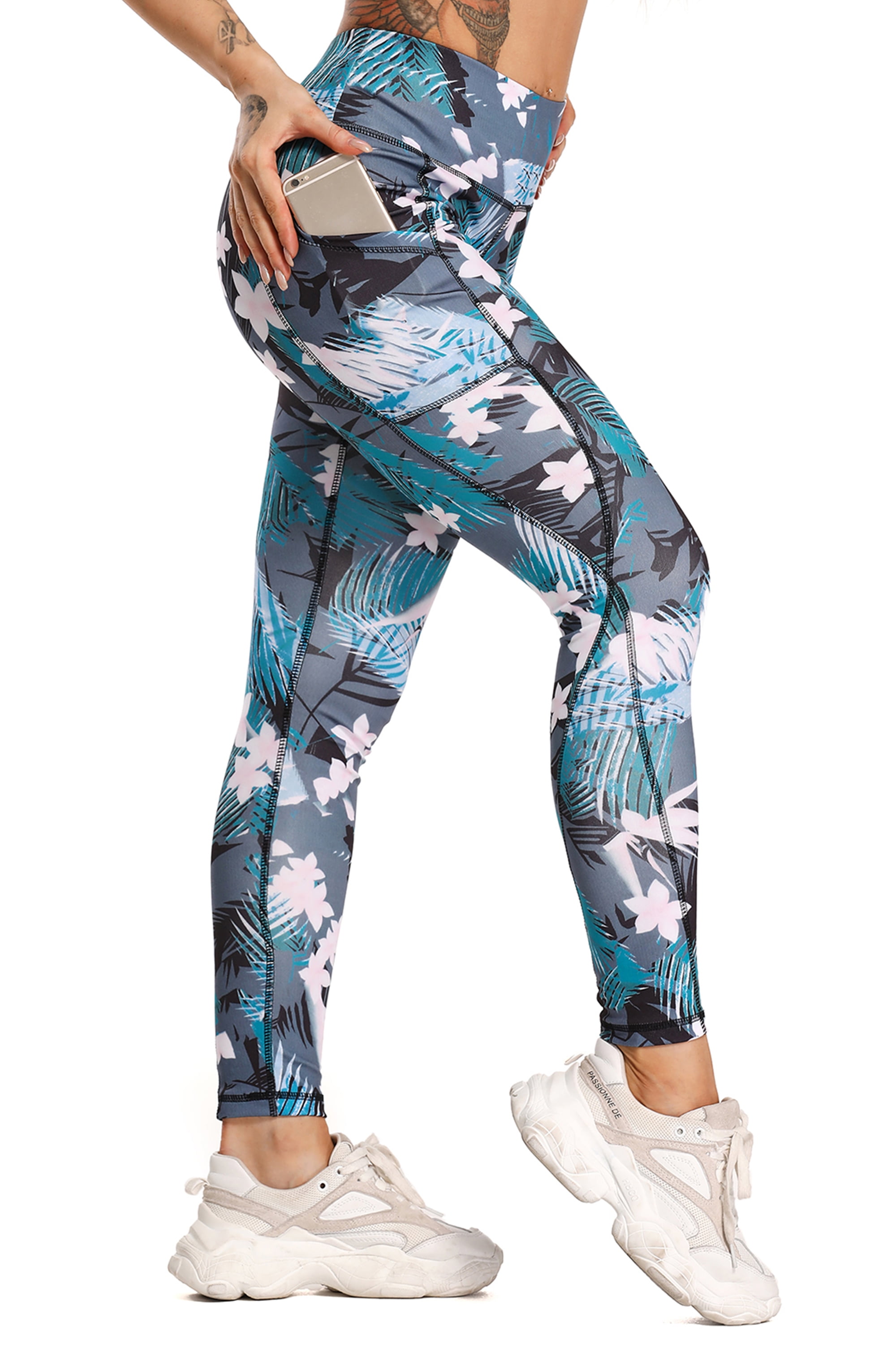 Womens Camouflage Floral Swatch with Watercolor Workout Running Leggings Tummy Control Sportswear Yoga Pants with Pockets
