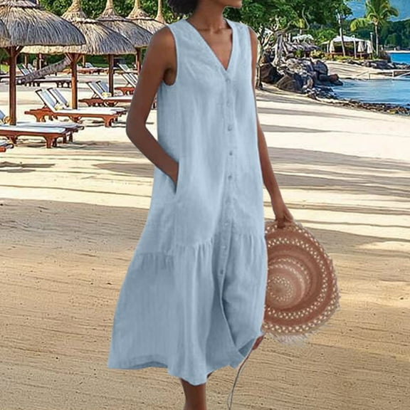 Women's Casual V Neck Maxi Dress Summer Long Sleeveless Sundress with Button Loose Fit Pockets
