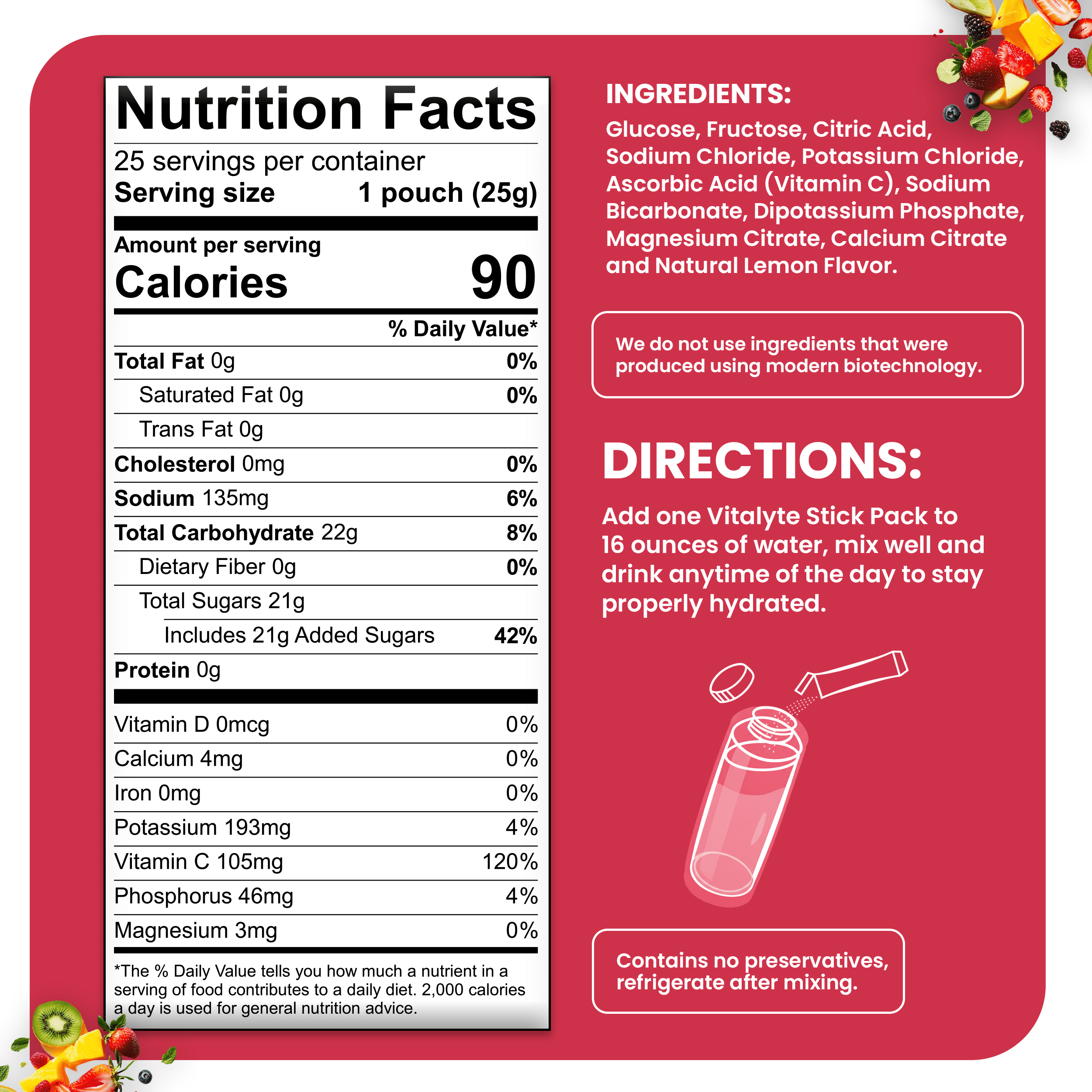 Vitalyte Fruit Punch Electrolyte Powder Packets Mix, Isotonic Hydration, 25 Single Serving Stick Packet