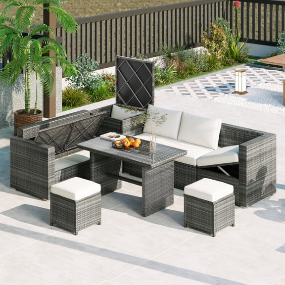 Gearwell Patio Sectional Sofa, 6-Piece Outdoor Wicker Conversation Set with PE Rattan, Adjustable Seat, Storage Box, Removable Covers, Tempered Glass Table for Backyard, Beige