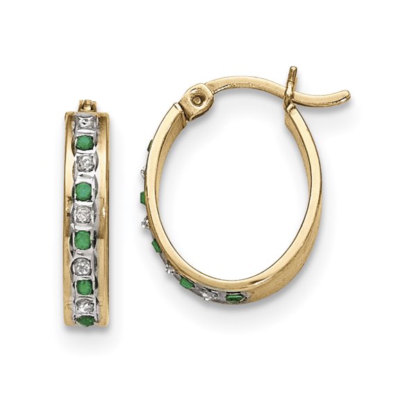 Boucles d'oreilles créoles ovales en argent sterling et plaqué or avec diamants et émeraude QDF139