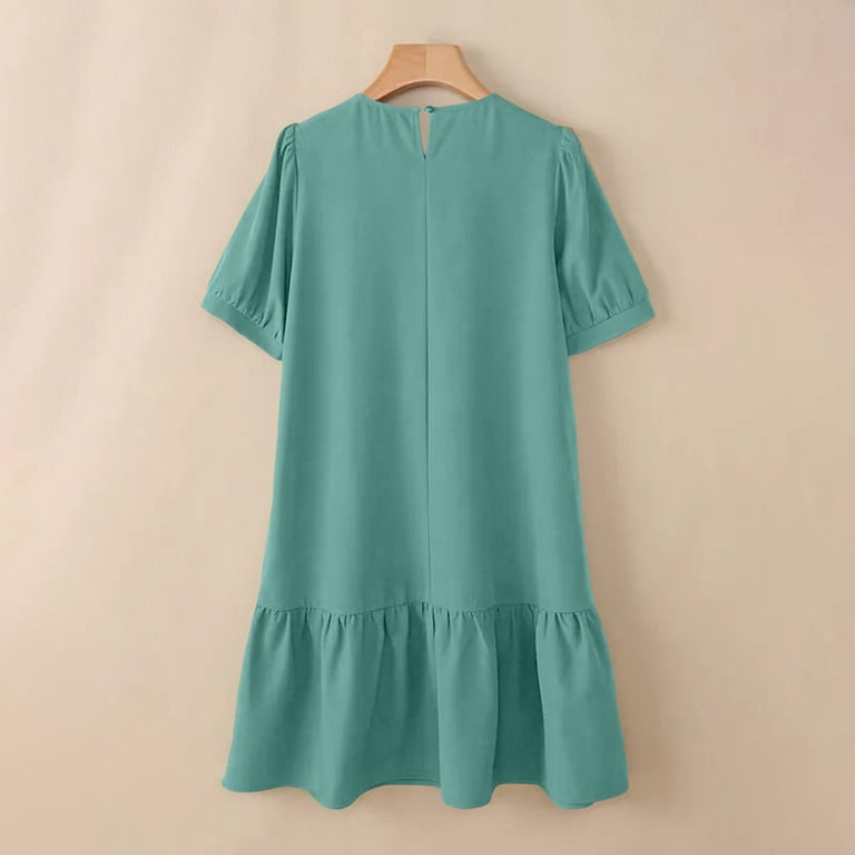 knee length loose dresses Lenpel for Women Trendy Button Crew Neck Short Sleeve Midi Dresses Casual Ruffle Hem T Shirt Dresses, Women's, Size: 2XL P710