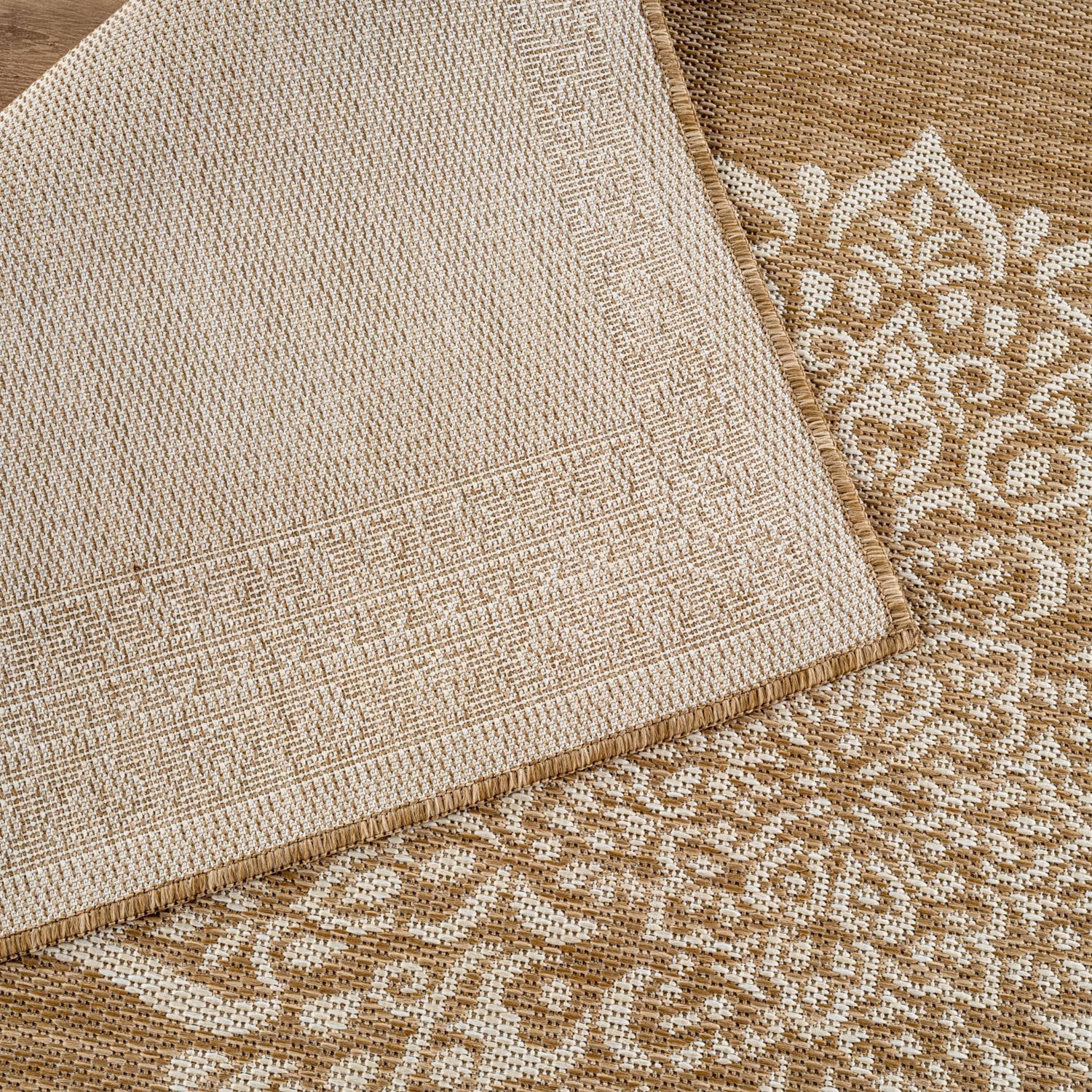 HJTER Outdoor Rug 5x7 Medallion Natural Modern Area Rugs for Indoor and Outdoor Patios Kitchen and Hallway Mats Washable Porch Deck Outside Carpet (Medallion Natural 5 x 7)