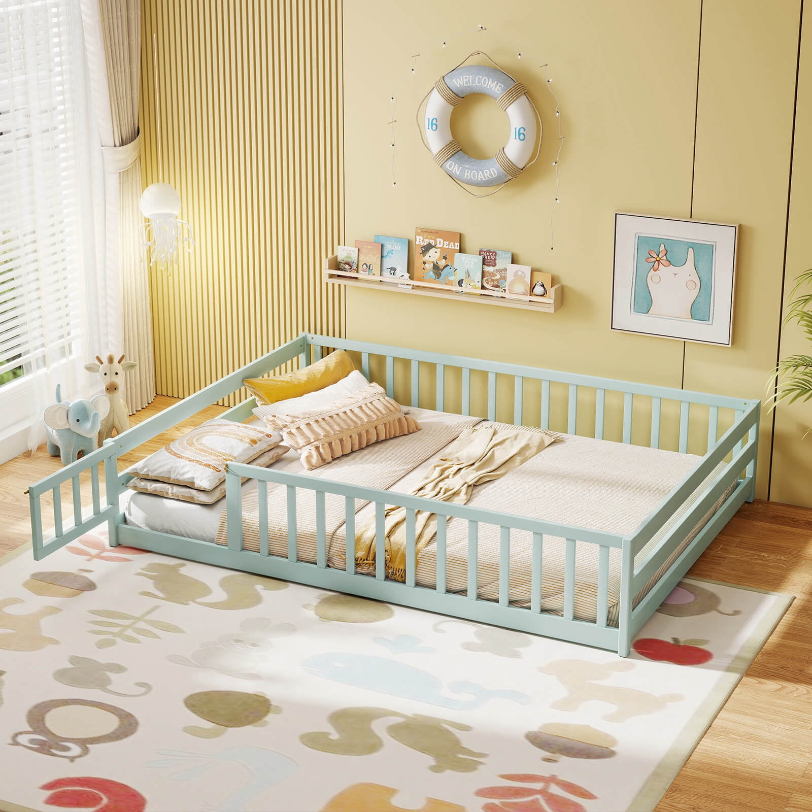 Costway Full Size Floor Bed with Full Length Safety Guardrails & Door for Boys, Girls Mint Sky