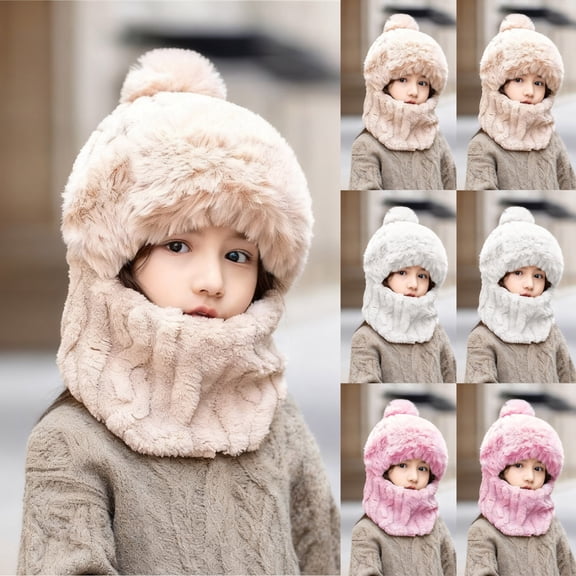 Xdegoge Kids Winter Hat for Boys Girls 3 in 1 Beanie Hat with Scarf and Mask Fuzzy Plush Cold Weather Thermal Windproof Balaclava Pompom Outdoor Sport Ski Mask Caps