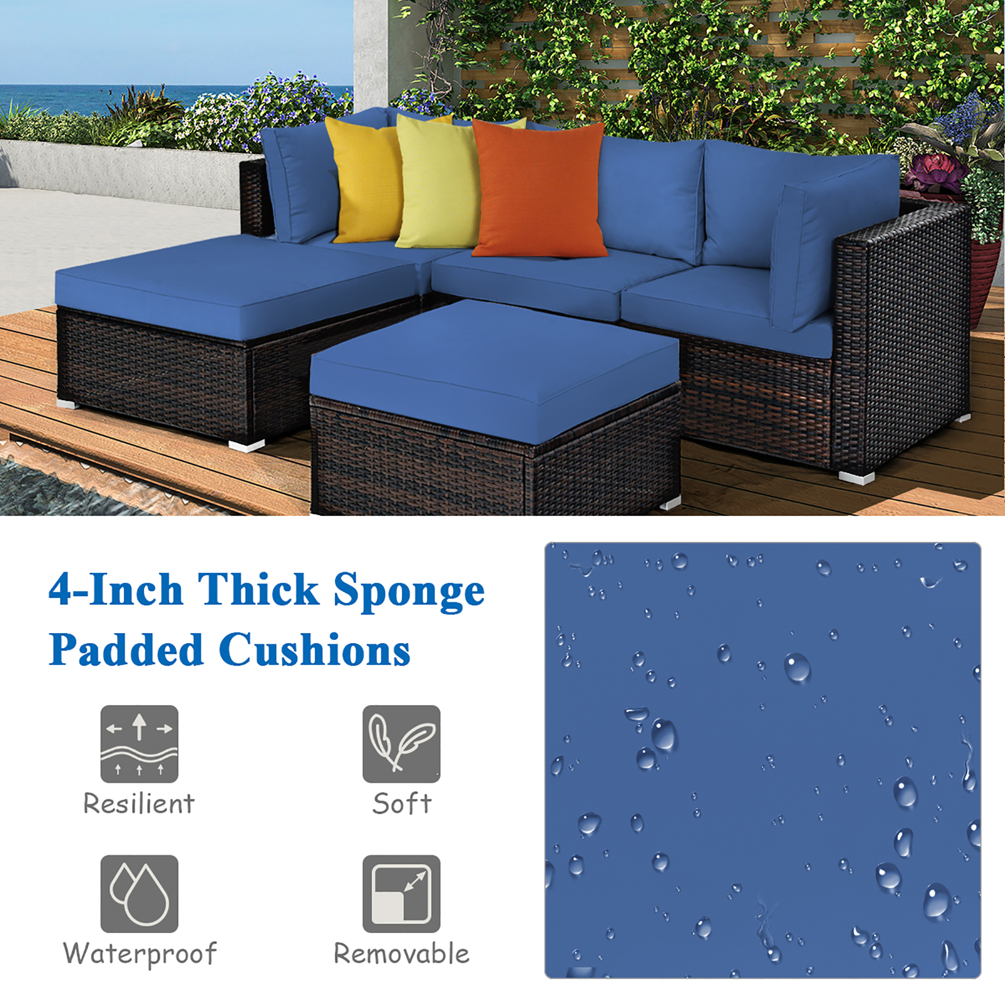 Costway 5PCS Patio Rattan Furniture Set Sectional Conversation Set Ottoman Table Navy