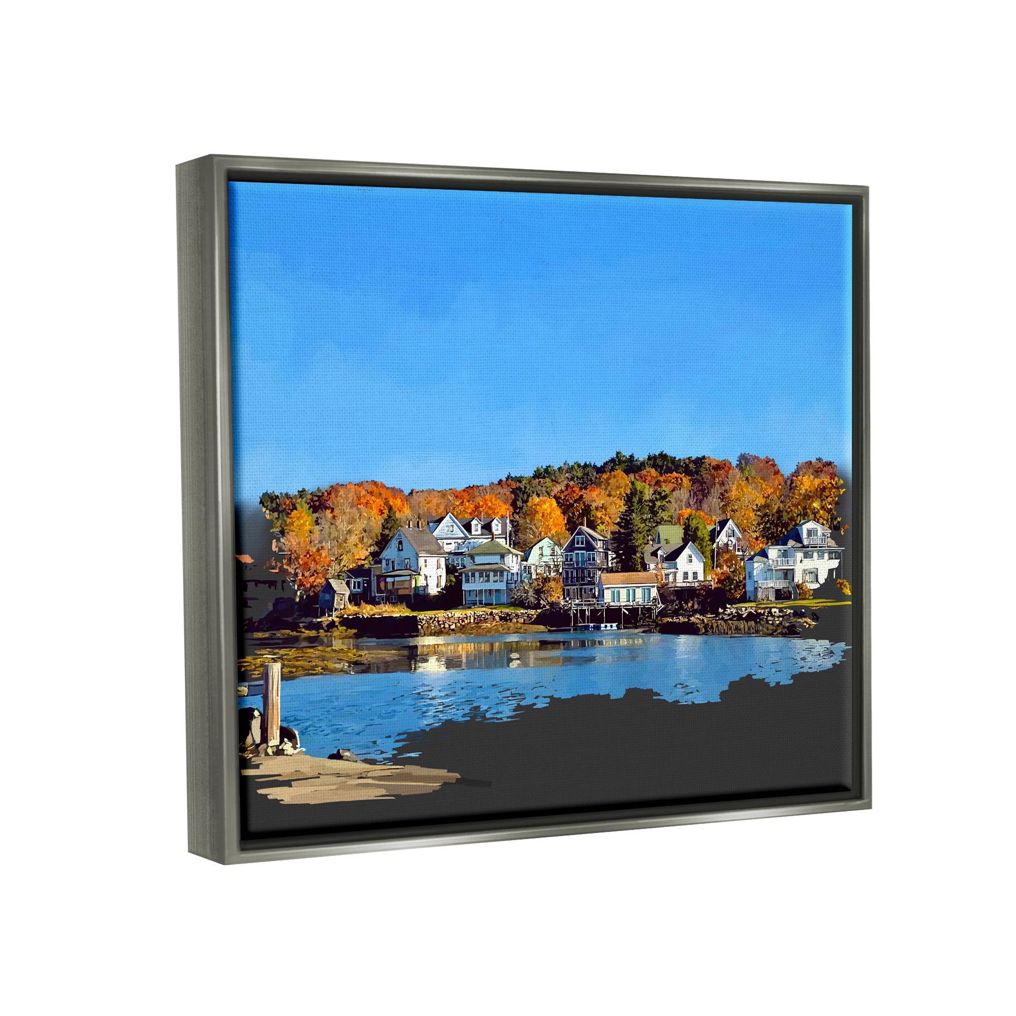 Stupell Industries Autumn Lake Dock Foliage Town & City Photography Gray Floater Framed Art Print Wall Art