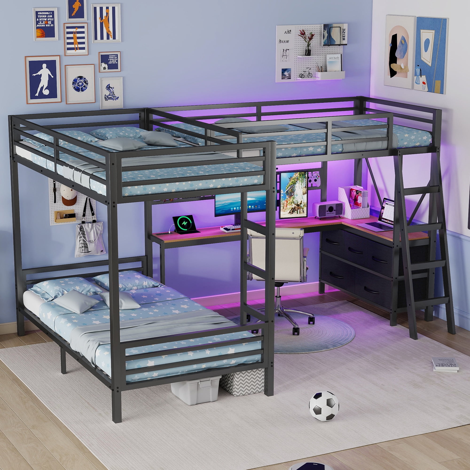 HOQBN L-Shaped Triple Bunk Bed with L-Shaped Desk and 5 Lagre Drawer,Twin Over Twin Over Twin Bunk Bed Frame with Charging Station,LED Lights,DIY Grid and Ladder,Black