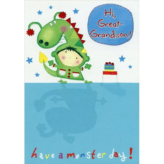 Designer Greetings Boy Dressed as Green Dragon Juvenile Birthday Card for Young Great-Grandson