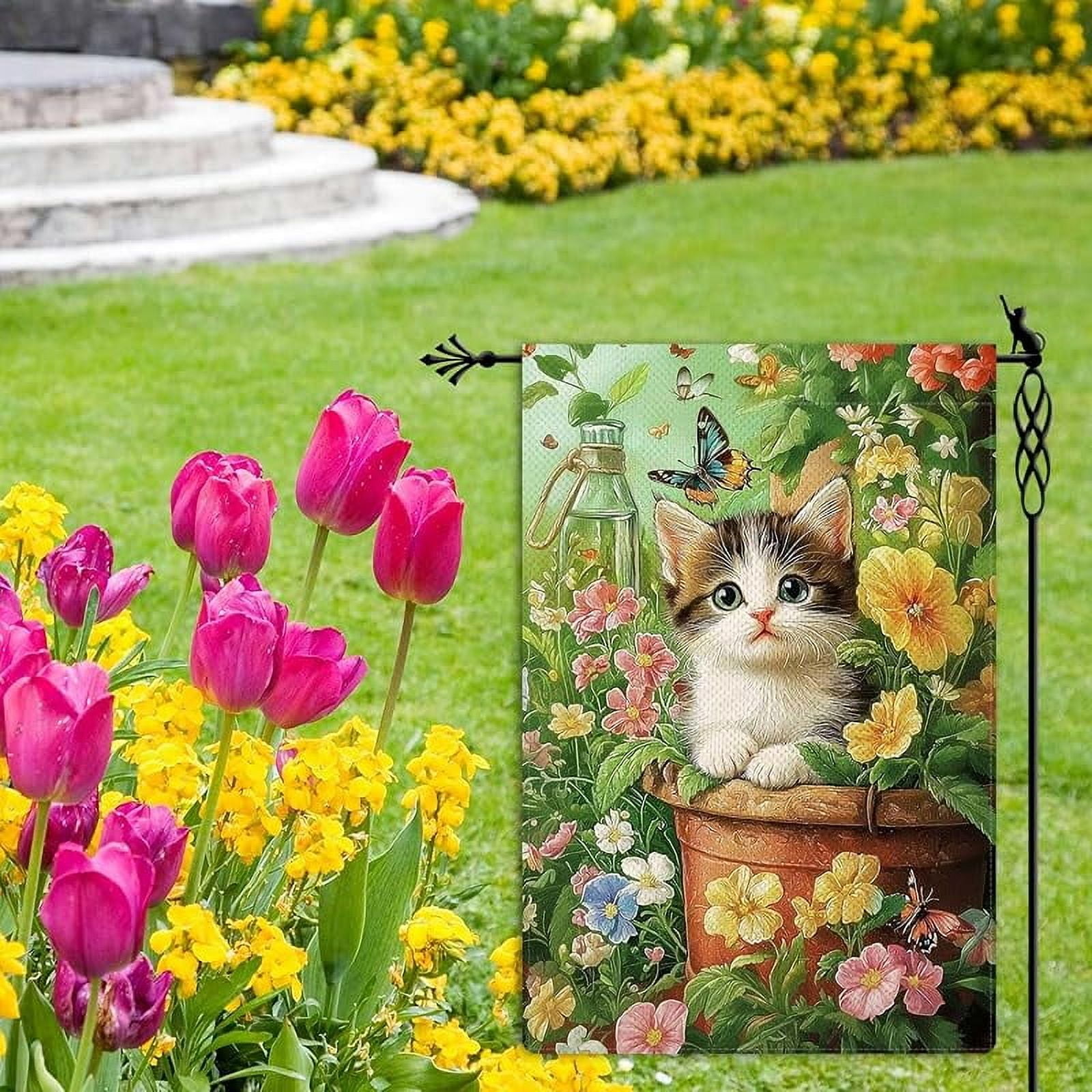 Spring Cute Cat Garden Flag Spring Summer Butterfly Floral Flowers Garden Flag Vertical Double Sided Rustic Farmland Burlap Yard Lawn Outdoor Decor