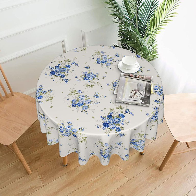 Waterproof Round Tablecloth - 60 Inch, Blue Floral Design, Wipeable Polyester For Indoor Dining & Outdoor Picnics