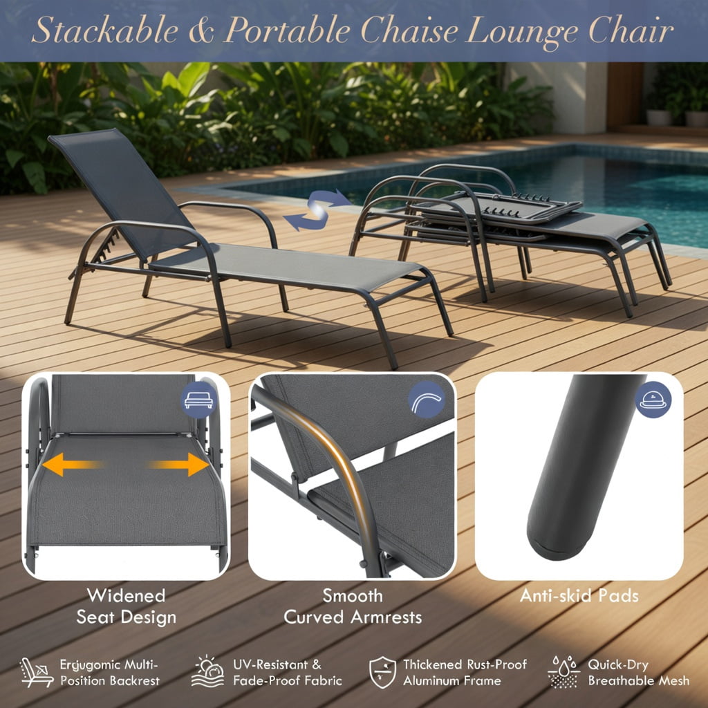 Hommoo Adjustable Folding Patio Chaise Lounge Chair, 5-Position Reclining Backrest, Weather-Resistant Fabric & Powder-Coated Steel Frame, Dark Gray