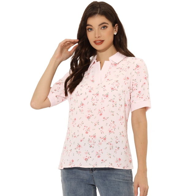 Blusa Floral De Manga Corta Con Cuello En V Para Mujer Rosa XS