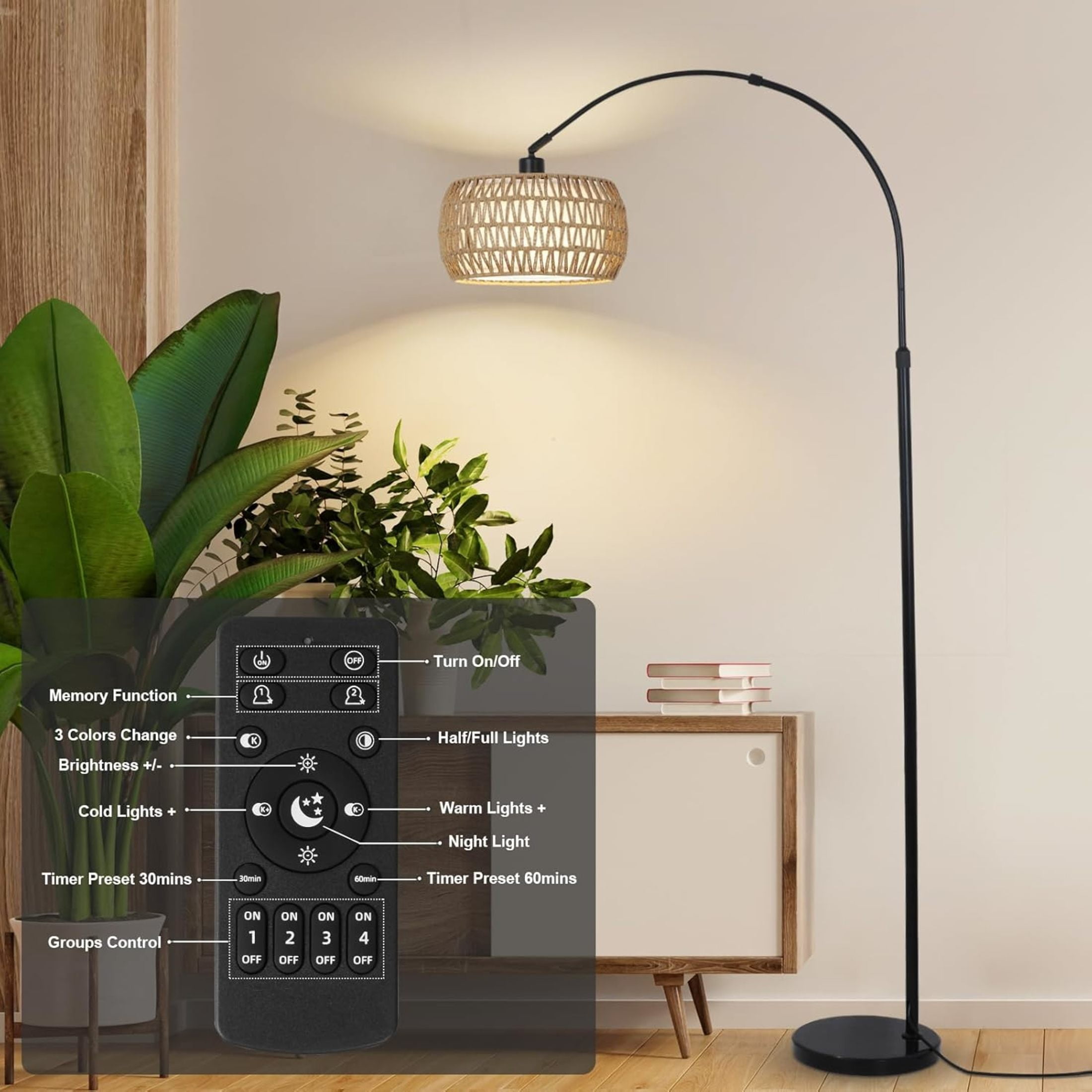 Noble House Arc Floor Lamp with Rattan and Fabric Shades,  Dimmable LED Bulb & Remote, Farmhouse Tall Lamp, Black