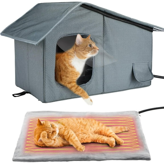 Weatherproof Heated  Houses for Outdoor Cats - Insulated  Shelter for Winter with Thermostatic Heating Pad and Escape Door, Warm Outside Pet House  for 1-2 Feral Cats (Medium)
