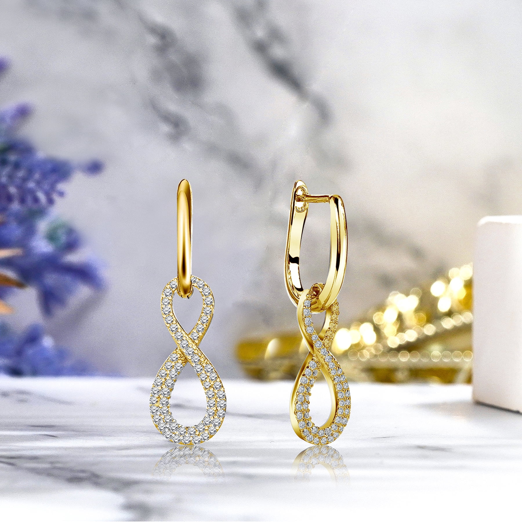 JeenMata 1 Carat Infinity Leverback Dangle Earrings - Gift for Women - Yellow Gold plated