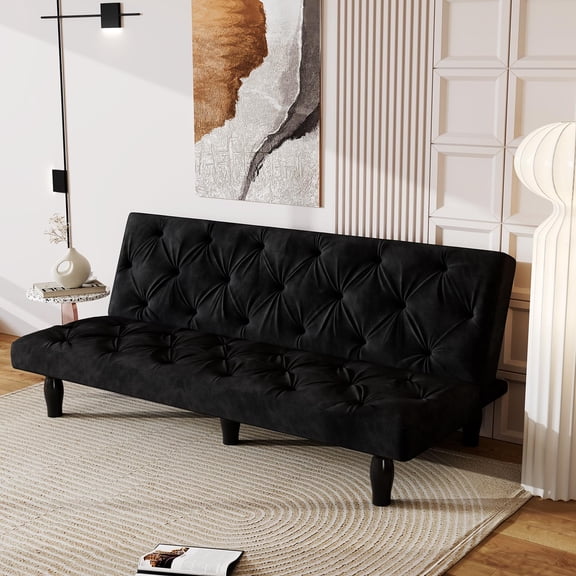 65"W Futon Sofa Bed, Velvet Convertible Loveseat Sofa with 3-Level Adjustable Backrest, Comfy Tufted Sleeper Couch Bed,Upholstered Recliner Modern Couch for Living Room, Bedroom, Apartment(Black)