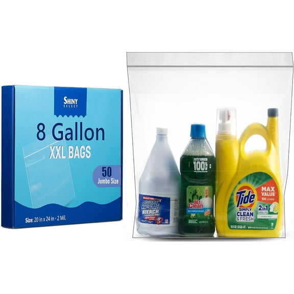 Jumbo Storage 8 Gallon Huge Zipper Storage Bags, 2 Mill Thick Plastic, 20" x 24" Extra Large Size, 50 Count (Shiny Select)