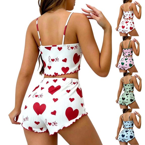 Xaqiouau Women Heart Print Pajama Set Cami Tank Top and Shorts 2 Piece Lounge Set Sleeveless Sleepwear Summer Casual Cute Outfit
