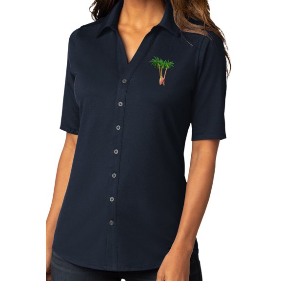 Womens Palm Trees with Surfboards Button-Down Stretch Shirt, Small River Blue