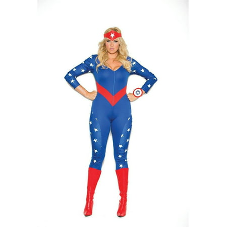 Women's American Hero 3 pc costume includes long sleeve jumpsuit, wrist band and head piece. Blue, 3X/4X