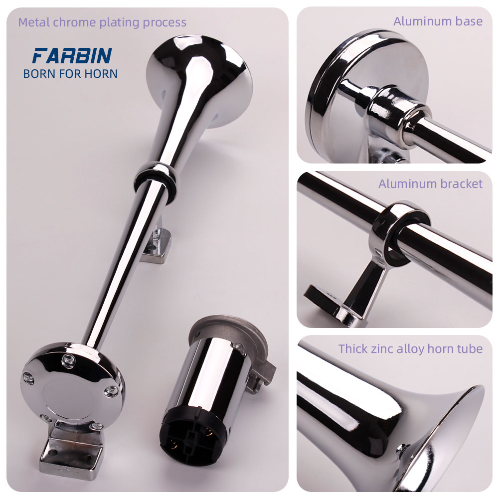 FARBIN 12V 150db Air Horn Kit, Super Loud 18 inches Chrome Zinc Single Trumpet  Truck Air Horn with Compressor and Wire Harness for Any 12V Vehicles 