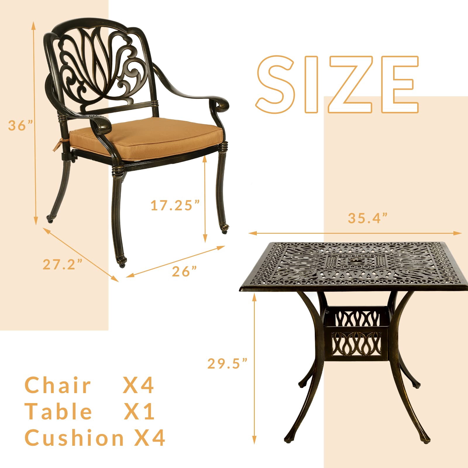 W WARMHOL 5-Piece Outdoor Patio Dining Set, All-Weather Cast Aluminum Patio Furniture Set for Backyard Garden Deck with 4 Chairs, 4 Cushions and 35.4” Square Table, 2.2" Umbrella Hole