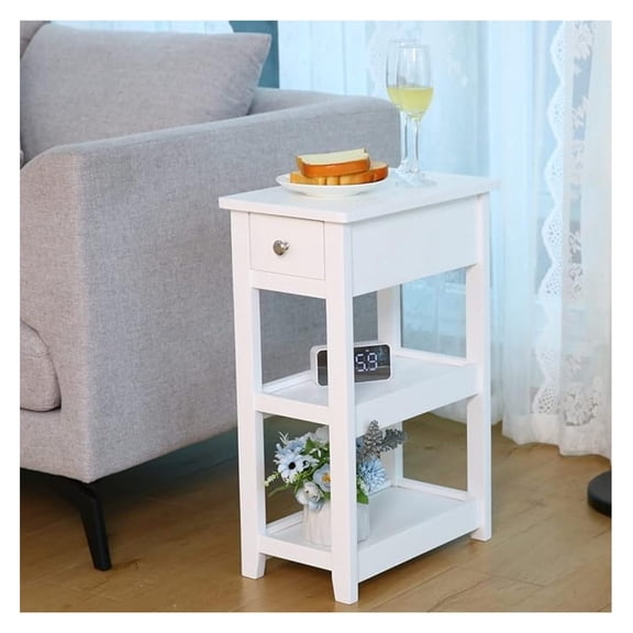 Narrow Side Table, Small White End Table with Drawer and 2 Shelves, 3-Tier Wood Look Accent Nightstand for Living Room Bed Room Office