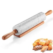 Marble Rolling Pin With Wooden Handles & Holder Base Stand, 15 Inch Marble Rolling Pins For Making Pizza Dough And Tortillas, Dough Roller For Pie Crust, Cookie, Pasta (White)
