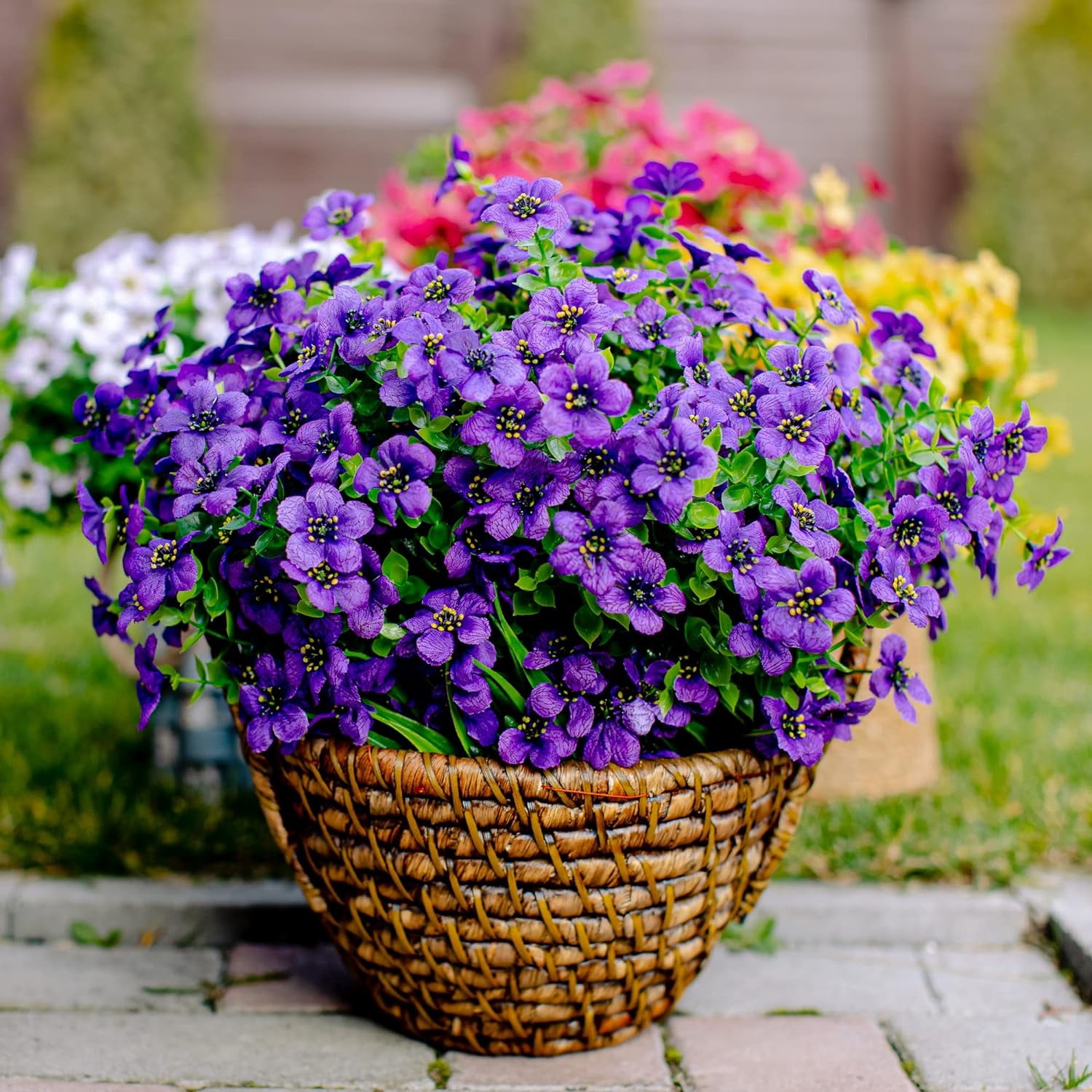 TETOU 16Pcs Artificial Plants Flowers, 13.8*7.5" Fake Silk Colorful Daisy Eucalyptus, UV Resistant Fake Flowers with Plastic Plants for Outside Home Porch Patio Window Yard Decor, Purple