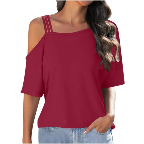 Jalioing Women's Tops Trendy One Shoulder Strap Summer Shirts Short Sleeve Solid Color Fashion Blouses
