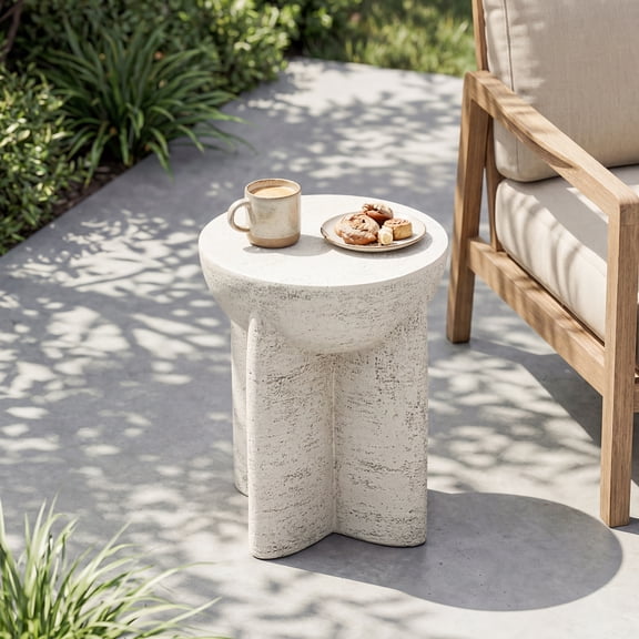MOALCOFER 15''Round Outdoor Side Table,Patio Concrete End Table w Corss Base