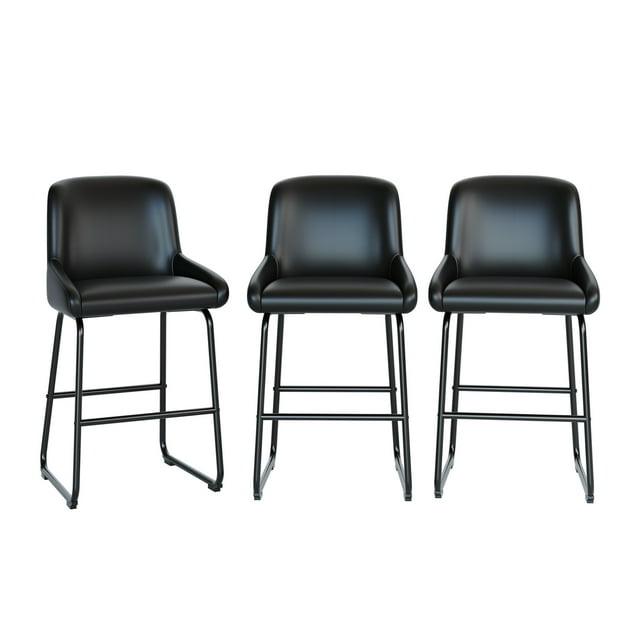 Modern PU Leather Counter Height Bar Stools Set of 3 – Armless Upholstered Chairs with Backrest & Footrest, Sturdy Metal Frame, Perfect for Kitchen Island–Replacement Furniture Parts – Black 3pcs