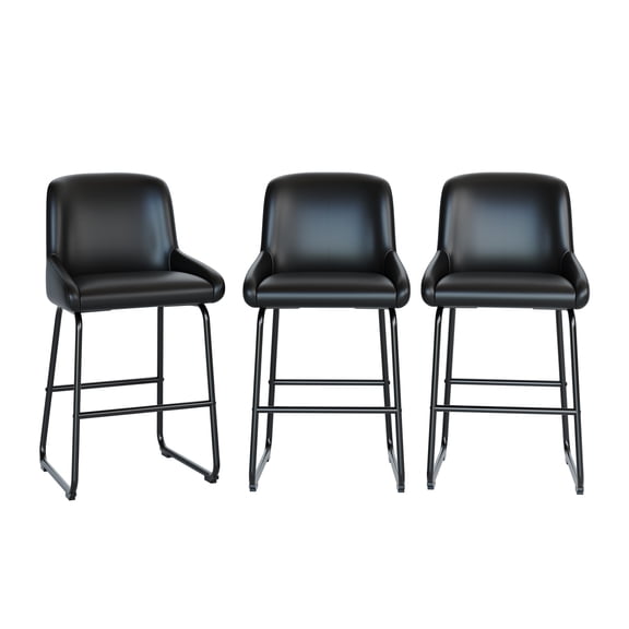 Modern Industrial Counter-Height Bar Stools Set of 3, PU Leather Upholstered Armless Bar Chairs with Backrest & Footrest, Sturdy Metal Frame for Kitchen Island/Counter - Black