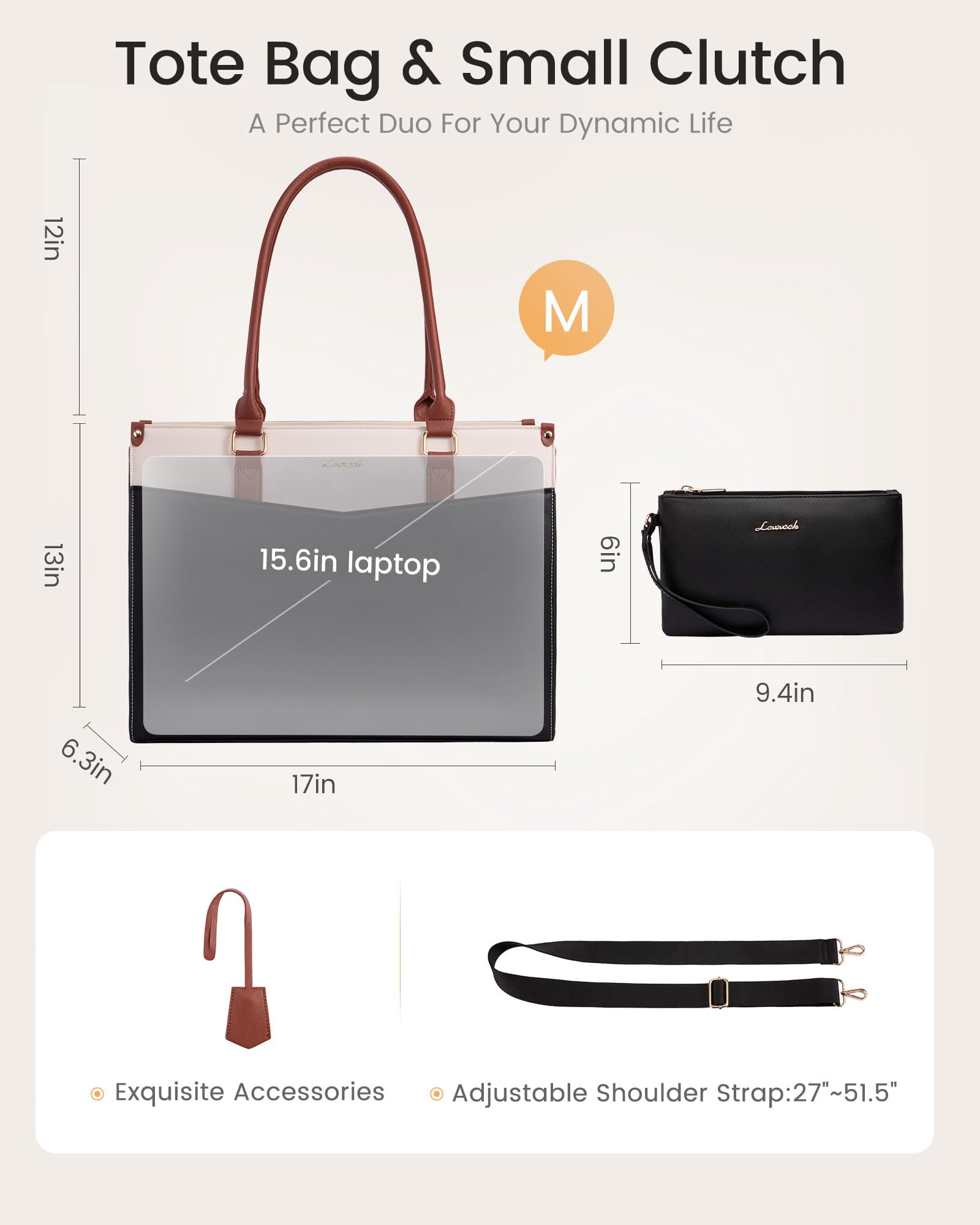LOVEVOOK Laptop Bag for Women, 2-in-1 Tote Purse with Clutch & Cup Holder, Waterproof Briefcase for Work Travel