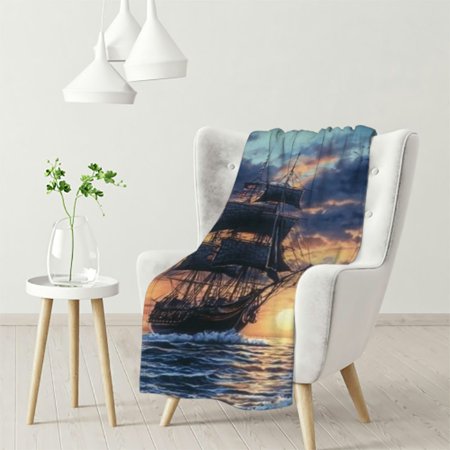 WHKANG Moonlit Ship Throw Blanket Gifts, Soft Cozy Blanket with Sailing Ship and Moon Print, Blanket for Couch Bed Sofa, Perfect for Nautical Deco 50x60in