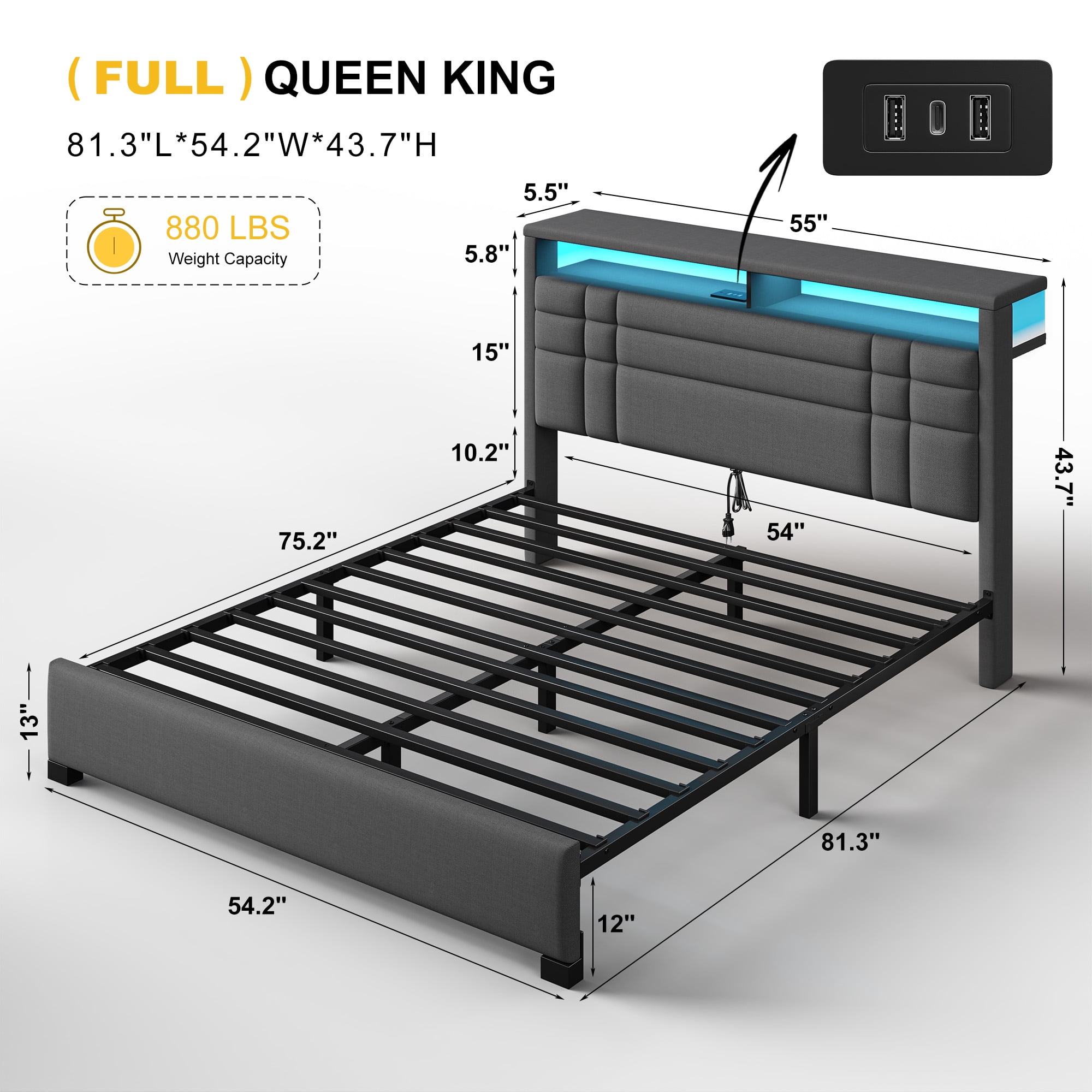 EnHomee Full Bed Frame with Storage Shelf Upholstered Platform Bed Frame with LED Lights & Charge Station, Gray