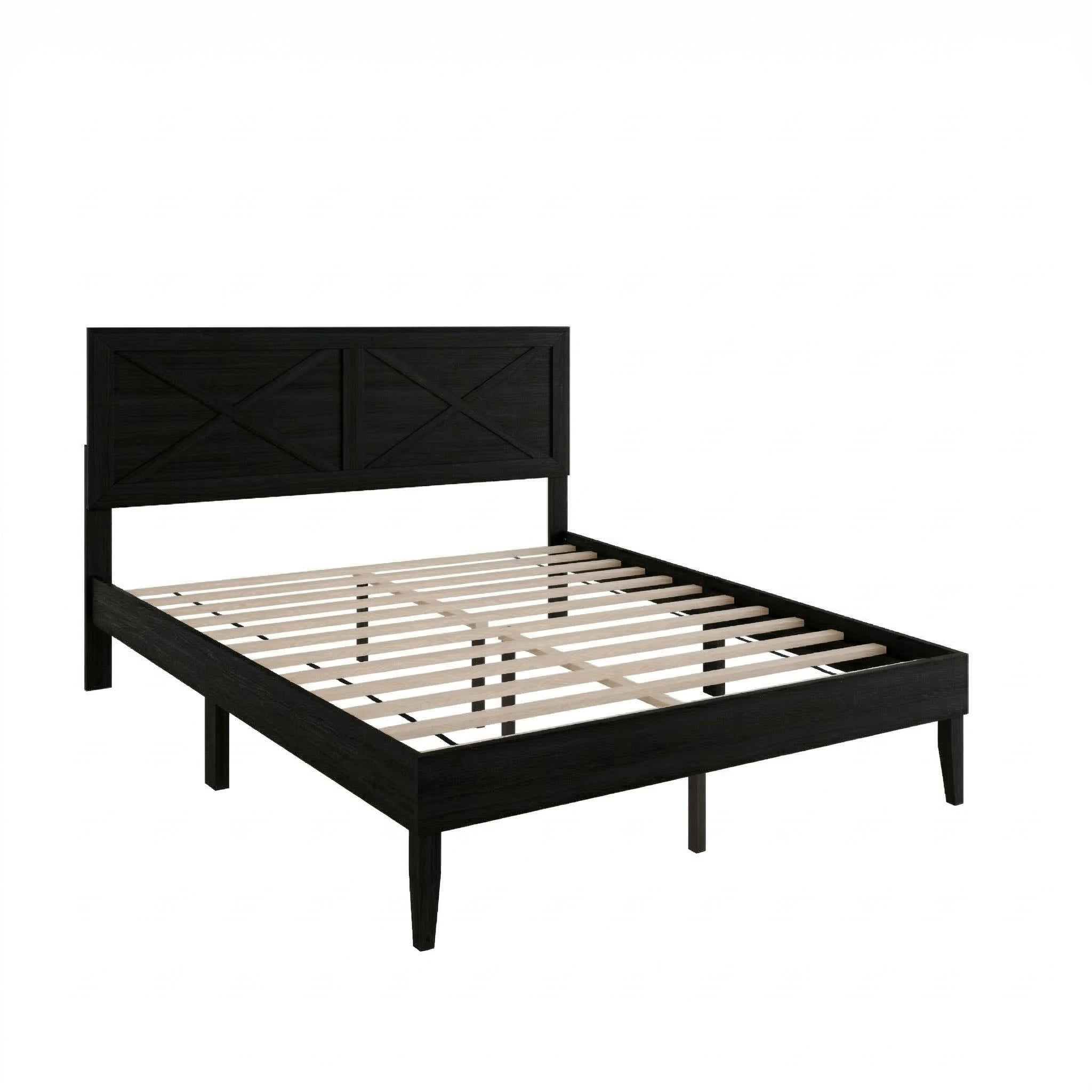 Home Design Oxnard Full Solid Wood Platform Bed Frame with X-Pattern Headboard and Full Slat Support System, Black