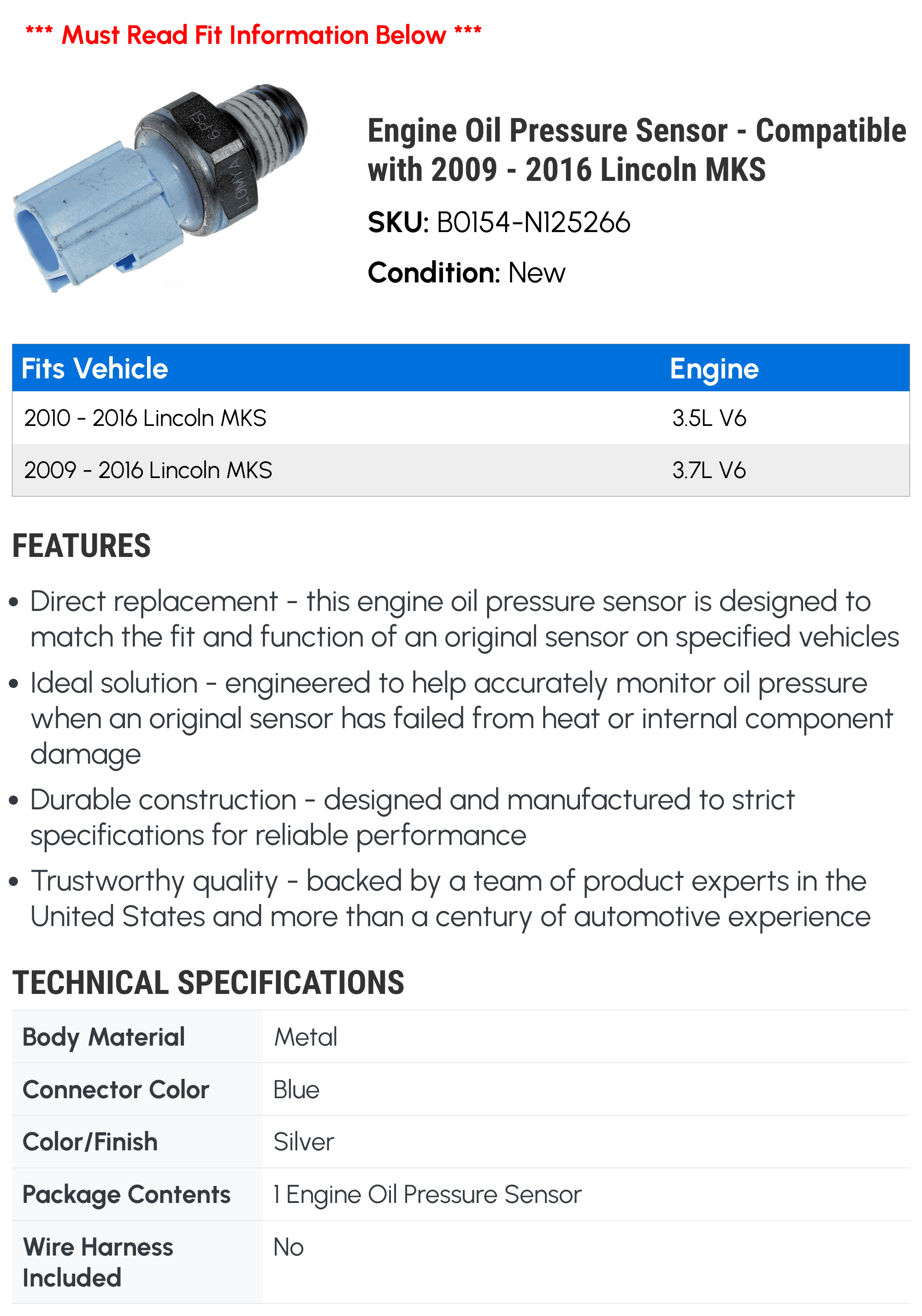Engine Oil Pressure Sensor - Compatible with 2009 - 2016 Lincoln MKS - Dorman
