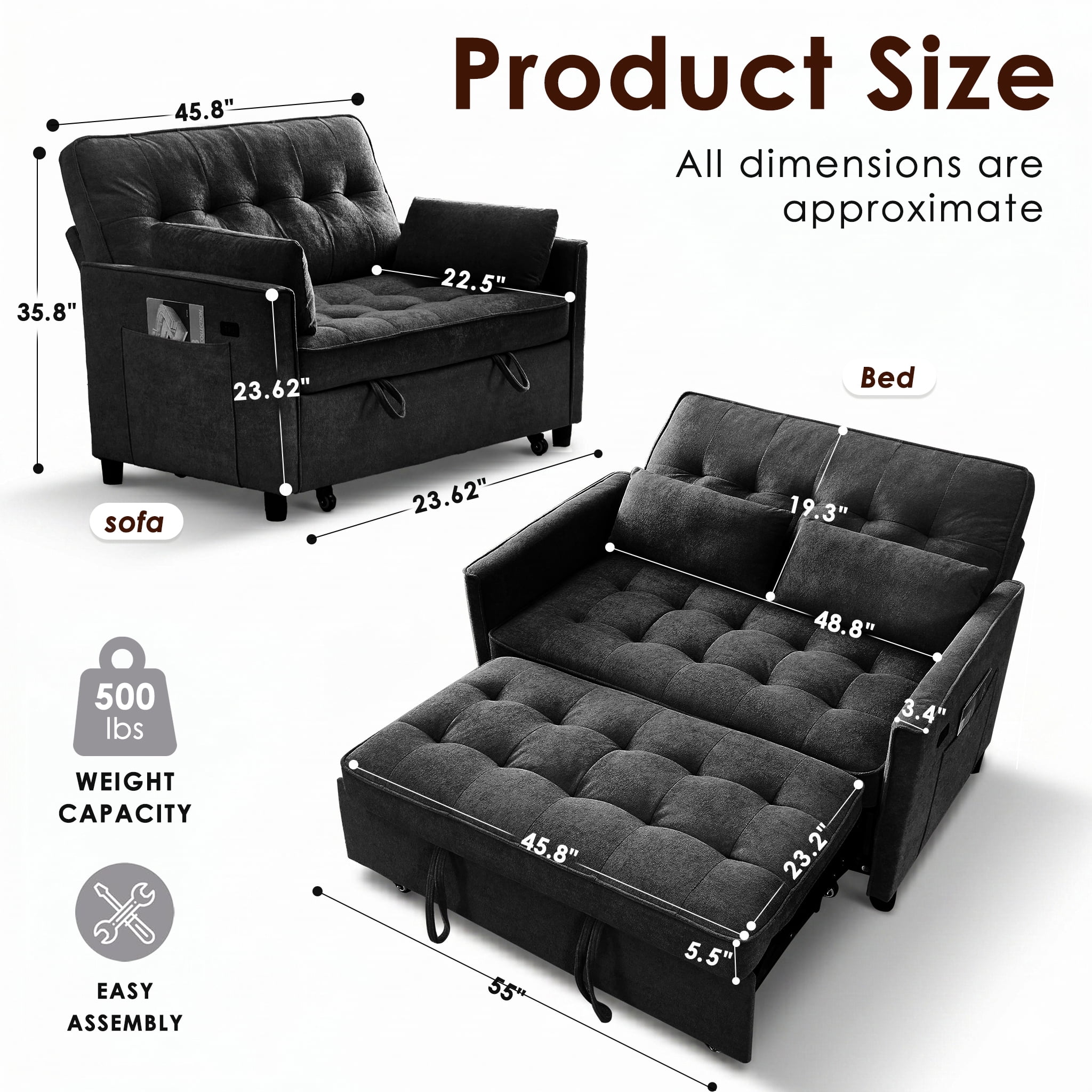 avobird 54'' 3 in 1 Pull Out Sofa Bed, Convertible Couch with Adjustable Backrest/Side Pockets/USB Charging Ports, Sleeper Sofa for Living Room, Black