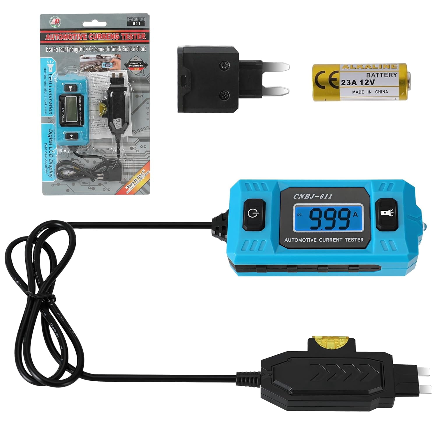 ABCISI Automotive Circuit Fault Probe Tester, 20A 48V Car Relay Fuse Blade Test, Cnbj-611 Parasitic Draw Tester, with LED Display & Front Light, High-Precision for Cars, Trucks, Suvs