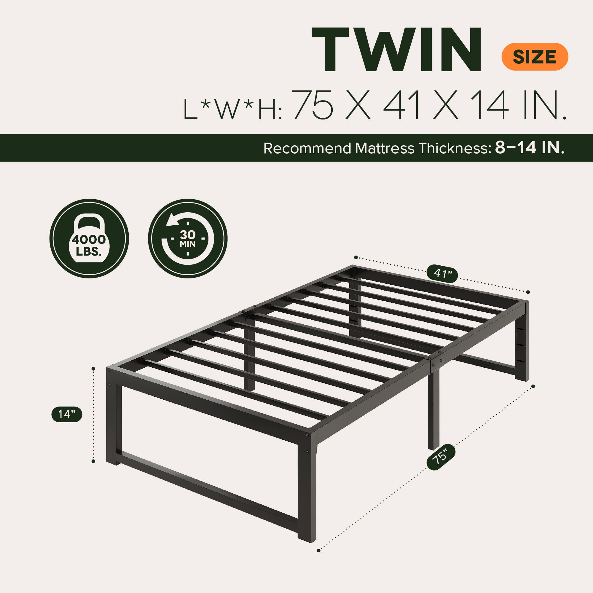 Einfach 14" Twin Bed Frame, Heavy Duty Metal Slat Platform with Ample Underbed Storage, Noise Free, Black