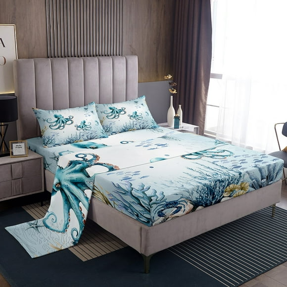 Erosebridal Cartoon Animal Octopus Bed Sheets King,Sealife Seahorse Seashell King Sheet Sets,Marine Theme Decor,Reversible,Breathable,4pcs