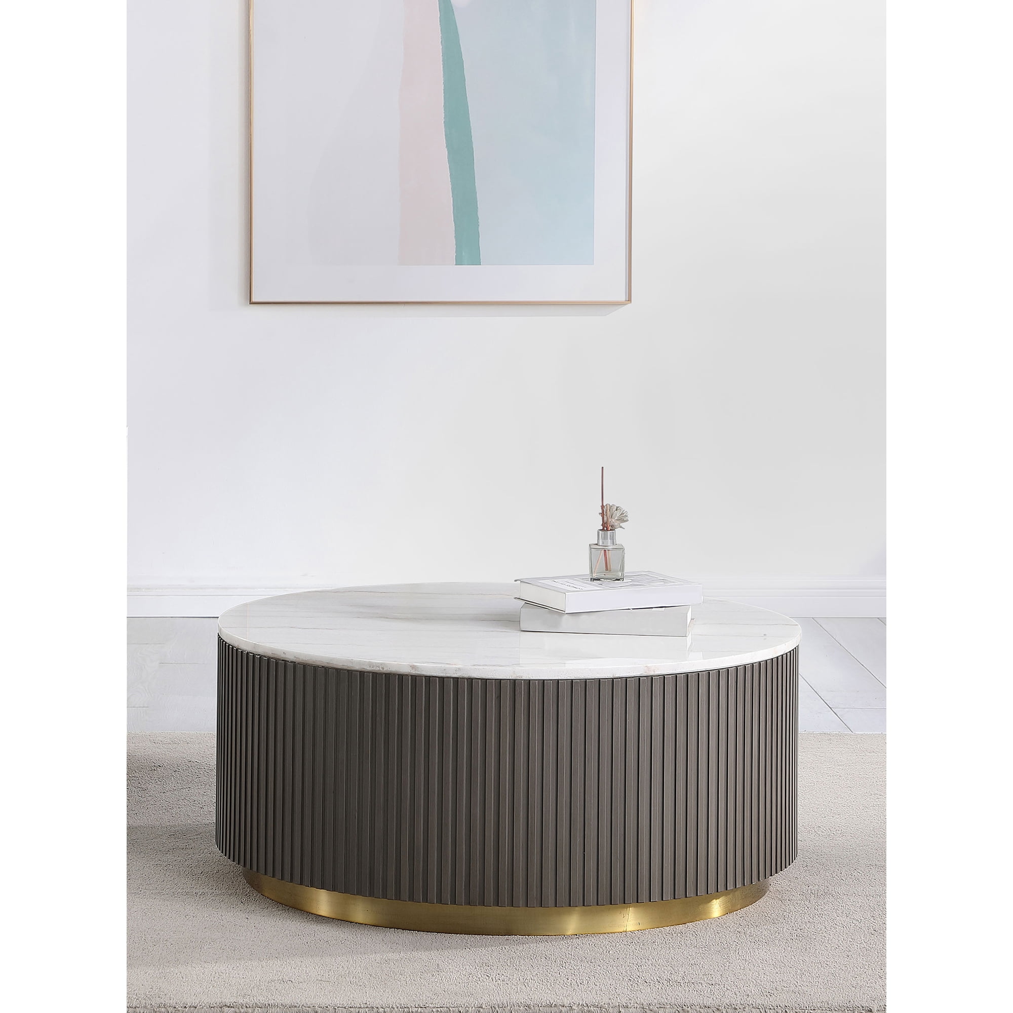 Round Marble Top Coffee Table with Charcoal Ribbed Base and Gold Metal Legs